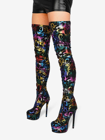 サイハイブーツ ブラック プラットフォーム ラウンドトゥ プリント ジップアップ ハイヒール オーバーザニーブーツ