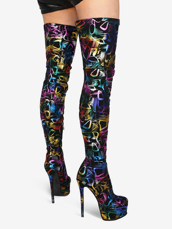 サイハイブーツ ブラック プラットフォーム ラウンドトゥ プリント ジップアップ ハイヒール オーバーザニーブーツ