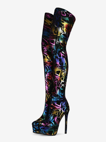 サイハイブーツ ブラック プラットフォーム ラウンドトゥ プリント ジップアップ ハイヒール オーバーザニーブーツ