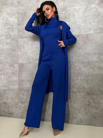 ブルー ロングラインオーバーコート ハイカラートップスとワイドレッグパンツの3ピースコーデセット 2025