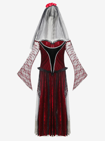 Halloween Disfraces de novia fantasma de Halloween Vestido real de encaje burdeos Sombreros Disfraces de vacaciones de poliéster