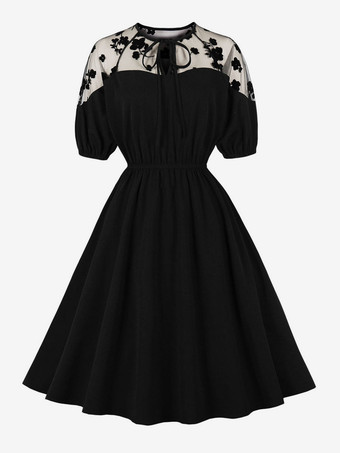 Retro Dress 1950s Audrey Hepburn Style Black Women Short Sleeves Swing Dress