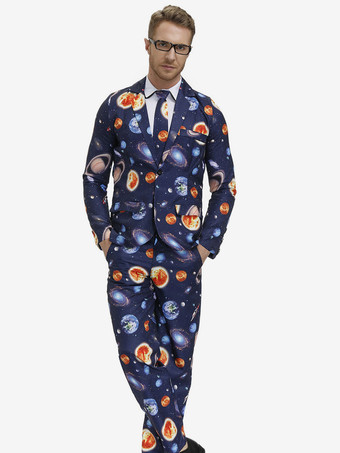 Disfraces de Halloween para hombres Camisa elegante azul Pantalones Trajes de poliéster Conjunto Disfraces de vacaciones Conjunto completo