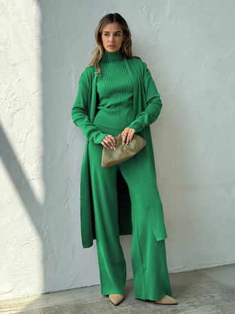 グリーン ロングラインオーバーコート ハイカラートップスとワイドレッグパンツの3ピースコーデセット 2025