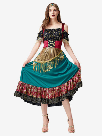 ティールグリーンハロウィンコスチュームジプシーフラメンコダンスコスチューム
