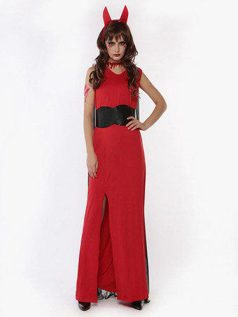 ハロウィン 女性のためのハロウィーンの悪魔の衣装赤いロングドレスマントの帽子ポリエステル休日の衣装