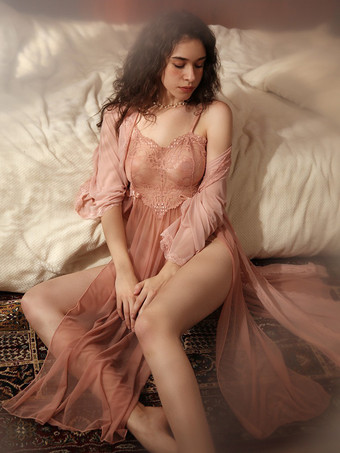 ロングナイトガウン ピンク セクシー 薄手 レース ポリエステル 大人用 ランジェリー