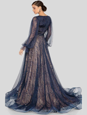 Robe mère de mariée noir en dentelle col V manche longue jupe fendue Robe de soirée