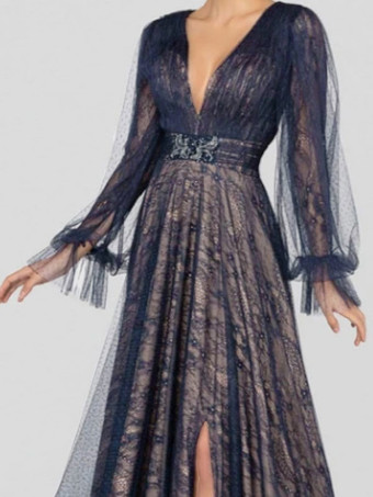 Robe mère de mariée noir en dentelle col V manche longue jupe fendue Robe de soirée