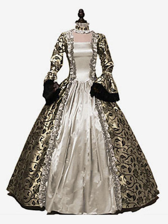 Viktorianisches Kleid Kostüme Ballkleid Blond Druck Spitze Rüschen Trompete Lange Ärmel Quadratischer Ausschnitt Mit Choker Viktorianische Ära Kleidung Vintage Kostüme Kleidung