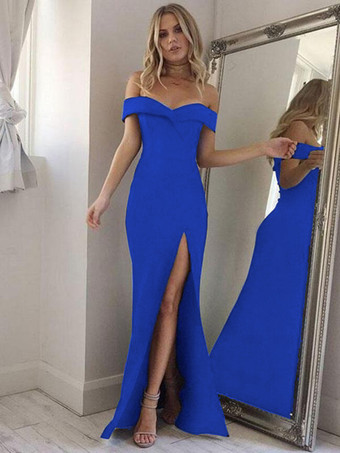 ブルー マキシワンピース ピンク オフショルダー ロング 綿混紡 スプリット シェイプアップ レディースワンピース