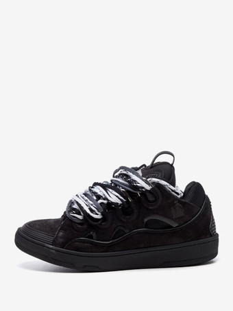 ユニセックス ブラック ハンドメイド カーブ スニーカー ラウンドトゥ レースアップ シューズ