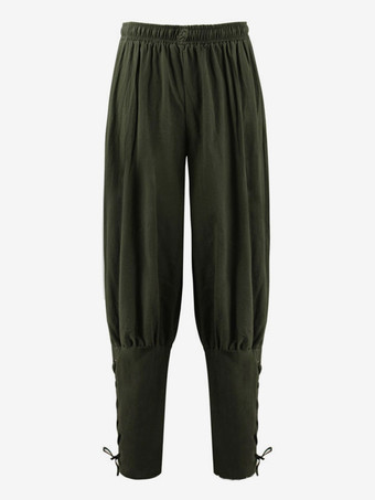 ハンターグリーン 男性ヴィンテージパンツレースアップ貴族スタイルワイドレッグコットンレトロ衣装男性ハロウィン