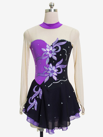 モーブ スケートドレス赤い花のビーズのフリルライクラスパンデックスダンス衣装ハロウィン