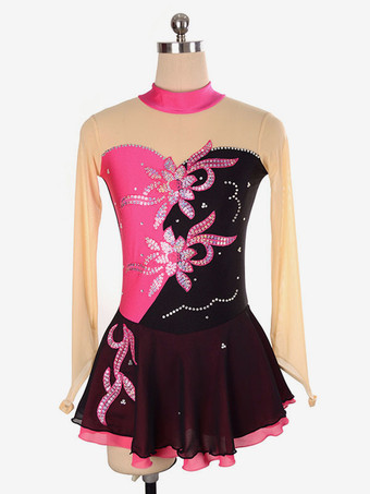 ピーチスケートドレス赤い花のビーズのフリルライクラスパンデックスダンス衣装ハロウィン