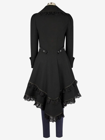 ハロウィン ブラックゴシックコスチューム　2025　ダブルブレスト　レース　ジッパー　フリル　ゴシックレトロオーバーコートレディース