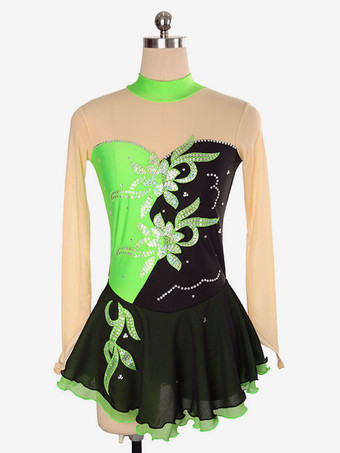 グラスグリーンスケートドレス赤い花のビーズのフリルライクラスパンデックスダンス衣装ハロウィン