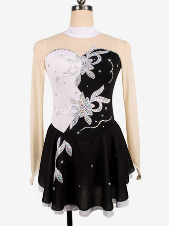 ホワイト スケートドレス赤い花のビーズのフリルライクラスパンデックスダンス衣装ハロウィン