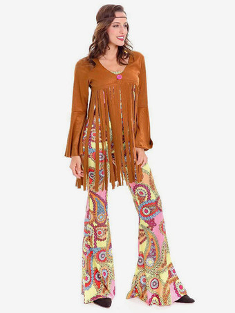 Costumes Indiens Halloween Femmes Polyester Orange Pardessus Jumpsuit Chapeaux 3 Pièce Costume Hippies Des Années 1970