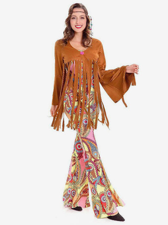 Costumes Indiens Halloween Femmes Polyester Orange Pardessus Jumpsuit Chapeaux 3 Pièce Costume Hippies Des Années 1970