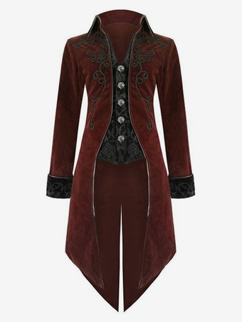 ダークレッド男性ヴィンテージ服スタンドカラー貴族スタイルゴシックタキシードブレザーコートハロウィン バーガンディ