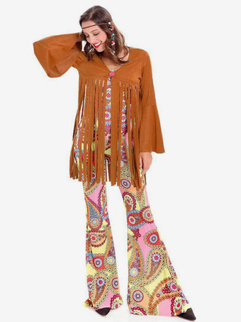 Costumes Indiens Halloween Femmes Polyester Orange Pardessus Jumpsuit Chapeaux 3 Pièce Costume Hippies Des Années 1970