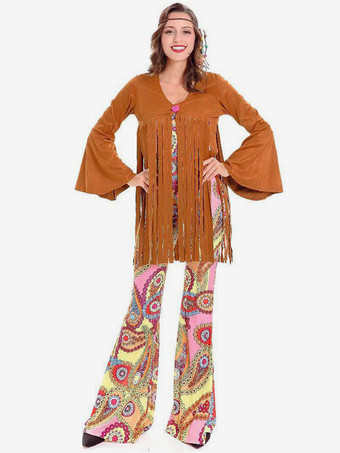 Orange Costumes Indiens Halloween Femmes Polyester Orange Pardessus Jumpsuit Chapeaux 3 Pièce Costume Hippies Des Années 1970