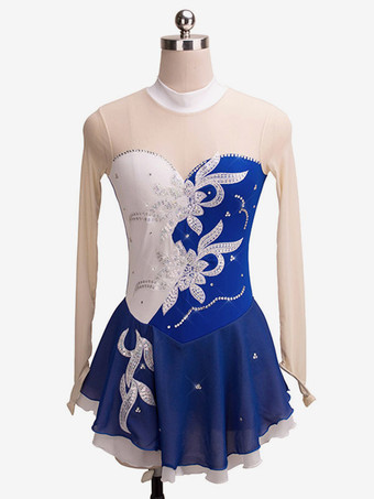 ロイヤルブルースケートドレス赤い花のビーズのフリルライクラスパンデックスダンス衣装ハロウィン