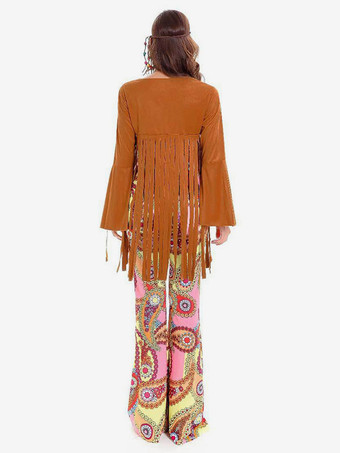 Costumes Indiens Halloween Femmes Polyester Orange Pardessus Jumpsuit Chapeaux 3 Pièce Costume Hippies Des Années 1970