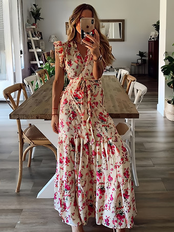 Women Long Dress V-Neck Sleeveless Lace Up Pleated Ruffles Floral Print Stretch Maxi Dress