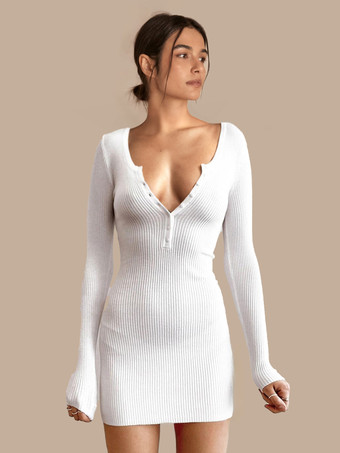 Women Sweater Dresses White V Neck Casual Bodycon Dresses Long Sleeves Knitted Pencil Dress
