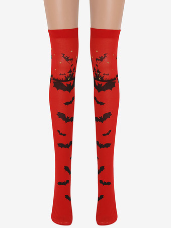 レッド 女性オーバーニーソックスレッドバットプリントハロウィンコスプレコスチューム