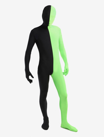 全身タイツ，ユニセックス　ブラック＆グリーン　カラーブロック　大人用　開口部のない全身タイツ　仮装コスチューム　 ハロウィン