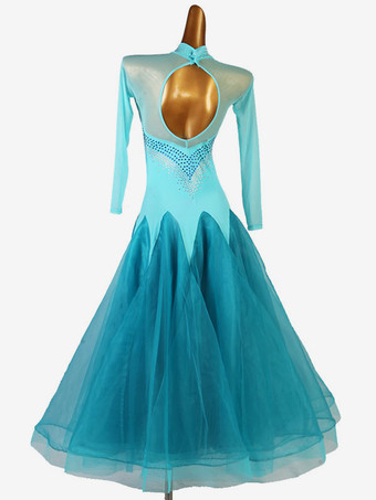 社交ダンスドレスコスチュームシアンブルーレディースライクラスパンデックスセットドレスダンスウェア