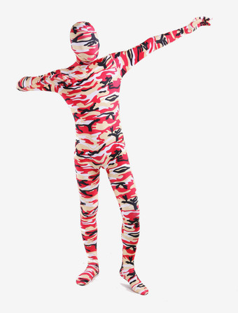 カモフラージ全身タイツ 全身タイツ，迷彩柄　レッド　コスチューム　開口部のない全身タイツ　ユニセックス　大人用 ハロウィン
