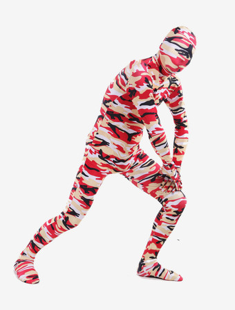 カモフラージ全身タイツ 全身タイツ，迷彩柄　レッド　コスチューム　開口部のない全身タイツ　ユニセックス　大人用 ハロウィン