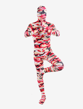 カモフラージ全身タイツ 全身タイツ，迷彩柄　レッド　コスチューム　開口部のない全身タイツ　ユニセックス　大人用 ハロウィン
