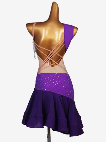 ラテンダンスコスチュームパープルレディースセットライクラスパンデックスドレスダンスコスチュームコスプレコスチュームハロウィン