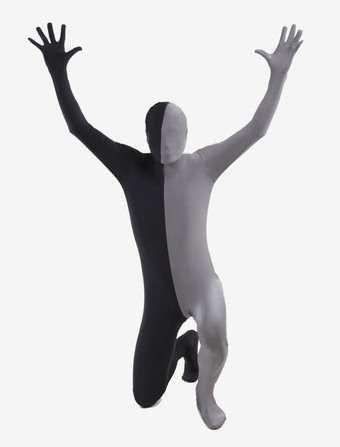 全身タイツ，ユニセックス　グレー＆ブラック　カラーブロック　大人用　開口部のない全身タイツ　仮装コスチューム　 ハロウィン