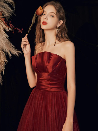 イブニングドレスaラインストラップレスフロアレングスノースリーブレースアッププリーツマットサテンフォーマルディナードレス