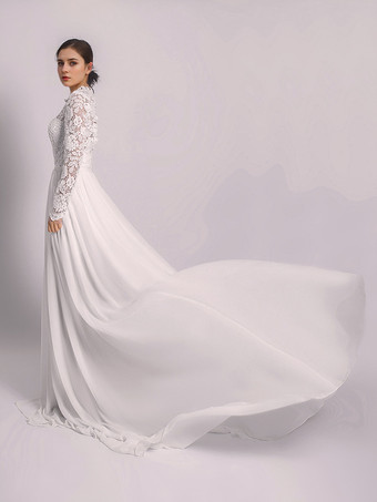 Abiti da Sposa Semplici Avorio maniche lunghe in tulle con collo alto svasata Abito da Sposa Semplice