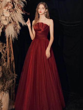 バーガンディーイブニングドレスaラインストラップレスフロアレングスノースリーブレースアッププリーツマットサテンフォーマルディナードレス