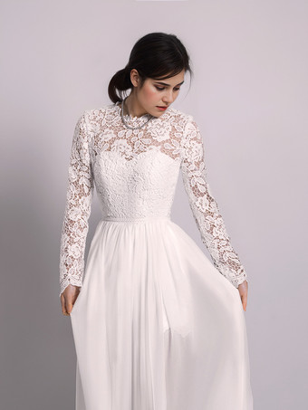 Abiti da Sposa Semplici Avorio maniche lunghe in tulle con collo alto svasata Abito da Sposa Semplice