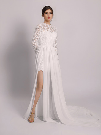 Abiti da Sposa Semplici Avorio maniche lunghe in tulle con collo alto svasata Abito da Sposa Semplice