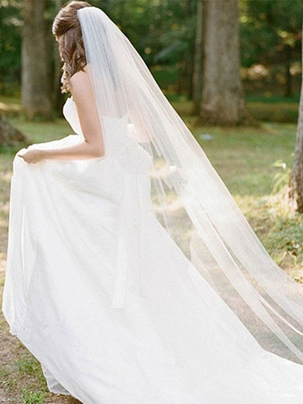 ウェディングベール　ホワイト　1層　チュール　カットエッジ　楕円形　