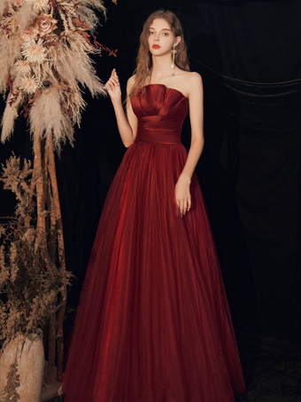 イブニングドレスaラインストラップレスフロアレングスノースリーブレースアッププリーツマットサテンフォーマルディナードレス