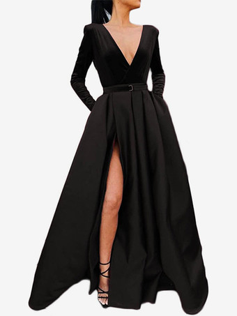 イブニングドレス 長袖 Aライン Vネック パーティードレス サテン ファスナー ブラック ロング丈 フォーマルドレス 演奏会ドレス 結婚式 二次会ドレス 発表会 ウェディング