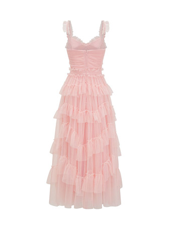 ライトスカイブルー ドレス V ネック フリル ノースリーブ レイヤード パーティー プロム マキシ ドレス