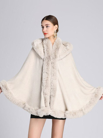 Panna Cappotto poncho con cappuccio in pelliccia sintetica con mantello natalizio per donna 2025