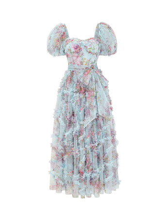 花柄ドレス 花柄パフスリーブ ベルト付き スイート パーティー プロム マキシドレス